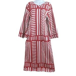Ashro Women's Red White V-Neck African Inspired Bell Sleeve Cotton Dress LG